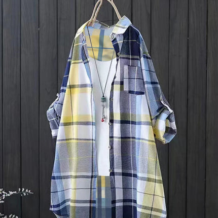 Plus Size Women's Shirts 2025 Lapel Square Plaid Tops Long Sleeve Korean Style of Casual Fashion Single-breasted Sunscreen Coat