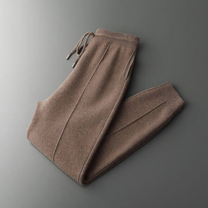 Autumn and Winter Thickened High Waisted 100% Merino Wool Men's Pants Small Leg Pants Casual Business Knitted Sweatpants Warm