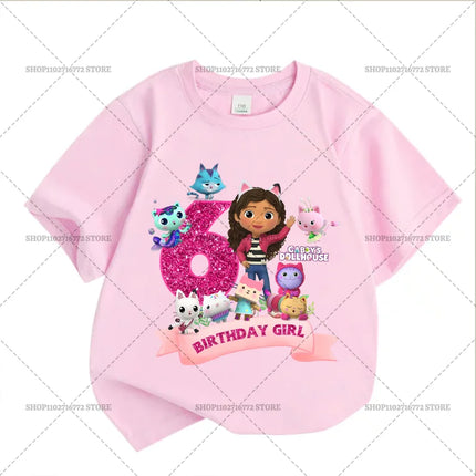 New Gabby Dollhouses Pink Short Sleeve White T-shirts Girls Tops Cotton Summer Casual Birthday Number T-shirt Party Supplies Tee