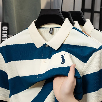 Men's Contrasting Striped Lapel Short Sleeved T-shirt, Summer Dad Outfit, New Cool POLO Top