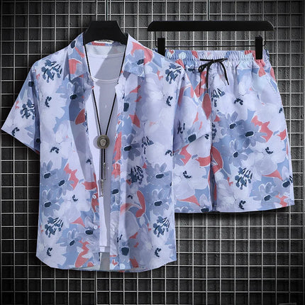 Hainan Island Beach Shirt Men's Set Sanya Travel Hawaii Large Size Floral Print Five-Quarter Pants Short Sleeve Casual Shirt