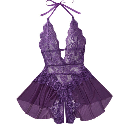 Women Plus Size Purple Lace Halter Neck Bodysuit With Peplum Skirt