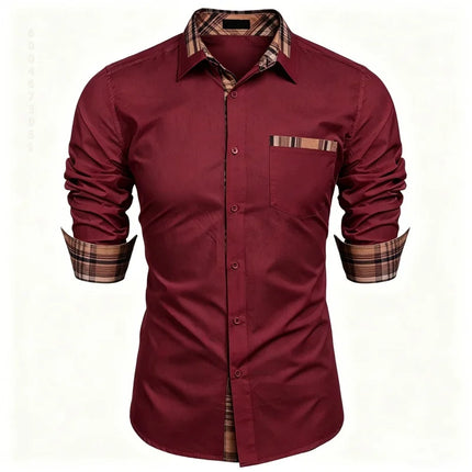 Men's shirt checkered contrasting long sleeved shirt, business casual button up shirt, personalized and trendy men's clothing