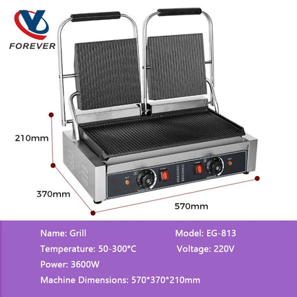 Electric Pressure Plate Grill Commercial Hot Plate Double-sided Pressing Grill Sandwich Steak Hamburger Maker Panini Machine