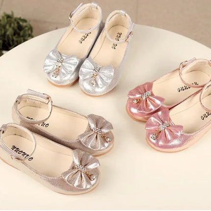 Spring Autumn Kids Leather Shoe Elegant Bowtie Girl Princess Shoes Fashion Casual Wedding Children's Flats Ankle-strap Versatile
