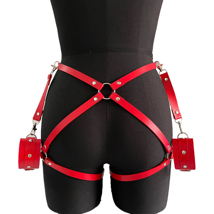 Women Crotchless Underwear PU Leather Handcuffs Garter Set Gothic Rave Sword BDSM Bondage Leg Harness Sexy Body Lingerie Garters