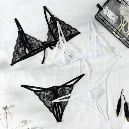 2Pcs/Set Women's Sexy Lace Transparent Lingerie Set Bikini Low-Waisted Thong Pants Dating Pajama Set