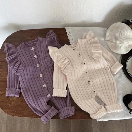 0-24M Newborn Baby Girl Autumn Winter Romper Long Sleeve O-Neck Knitting Jumpsuit Newborn Baby Knitted Purple Ruffled Clothing
