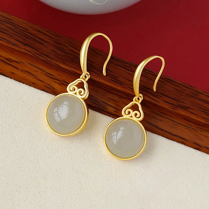 PANJBJ 925 Sterling Silver Jade Drop Earring for Women Zircon Round  Classic Grace Ethnic Jewelry Anniversary Gift Dropshipping