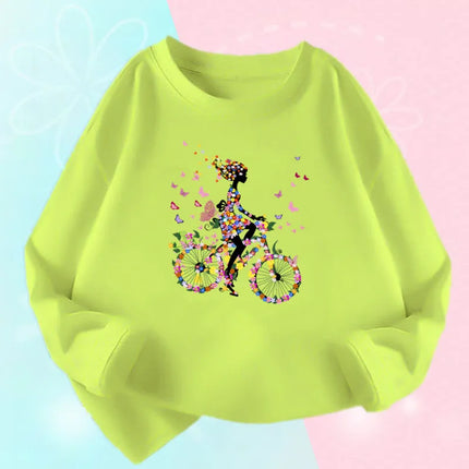 Kids T Shirt Floral Girl with Heart Bicycle Print Tops Girls Casual Cute Graphic Tee Shirt Long Sleeve Cartoon T-shirts
