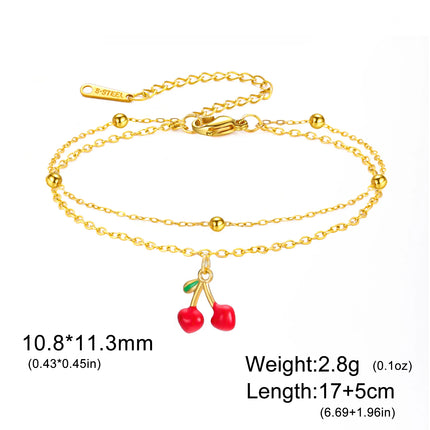 Teamer Enamel Cherry Charm Bracelet For Woman Gold Color Stainless Steel Double Bead Chain Fashion Birthday Friend Jewelry Gift