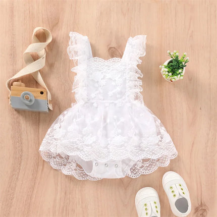 Baby Summer Clothing Newborn Baby Girl Solid Ruffle Fly Sleeve Lace Romper Jumpsuit Tutu Dress Outfits Clothes 0-24M