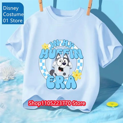 Autumn Winter Kids Bluey Short Sleeve T-Shirt Cartoon Printed Soft Tee Comfortable Daily Wear for Boys Girls