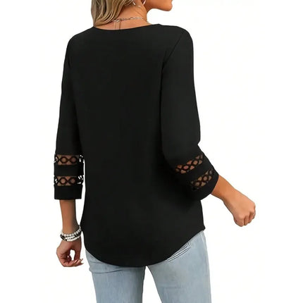 Plus Size New Women's Solid 3/4 Sleeve Hollow Out V-Neck Blouse Tops Ladies Casual Holiday Pullover