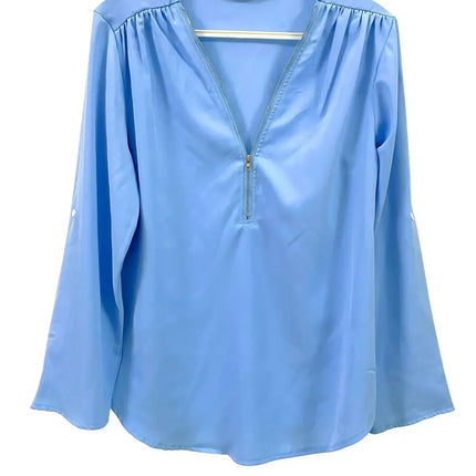 Summer Women Cool Loose Shirt Deep V Neck Chiffon Blouse Casual Ladies Tops Sexy Zipper Pullover Plus Size Long Sleeve Fashion
