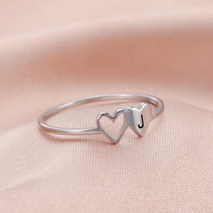 COOLTIME Initial Letter Ring for Women Stainless Steel A-Z Alphabet Double Heart Rings Fashion Wedding Anniversary Birthday Gift