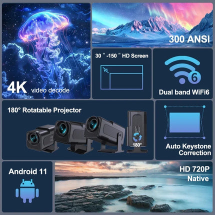 HY320 Mini video projector Native 720P Android 11 Projectors 300ANSI Wifi6 Cinema OutdoorPortable 180° Rotable BT5.0 4K Moive