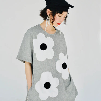 imakokoni original applique pure cotton gray T-shirt pullover short-sleeved shirt casual loose large size summer female 223602