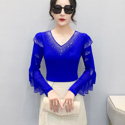 2025 Autumn New Style Mesh Tops Korean Fashion Round Neck Ruffles Shirt Lotus Leaf Edge Hot Diamond Long Sleeve Women T-Shirt