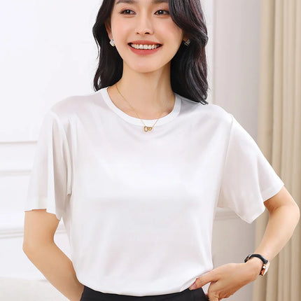 Summer Women's Short Sleeve O-Neck T-Shirt Knitted Acetate Fabric High-End Thin Pullover Top for Ladies