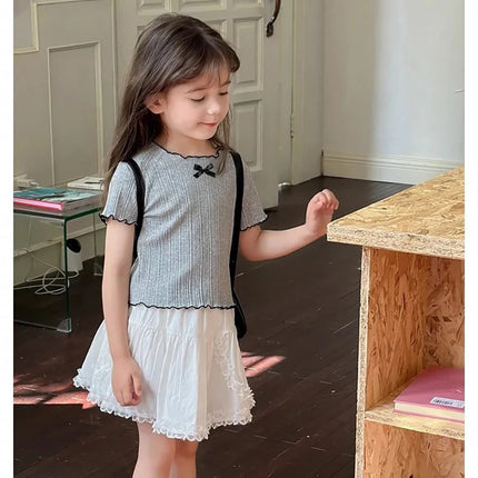 Girls' Ice Silk T-shirt Korean Style Short Sleeve Tops Children's Clothes 2025 Girl Summer Teen Kids Bow Round Neck Solid Tops
