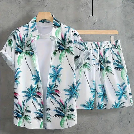 2025 Simple All-in-one Men's Shirt Set Coconut Tree Print 3D Printed Shirt And Shorts Set Summer Casual Vacation Hawaiian Shirt