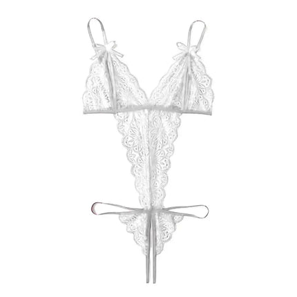 Sweet Deep V Neck Lace Bow Bodysuit Mesh Hollow Transparent Women Lingerie Jumpsuits Sleeveless Lace Sling Nightwear Gifts