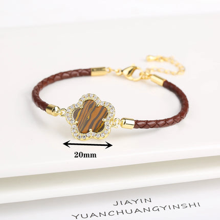 Classic Genuine Leather Woven Natural Stone Five Leaf Flower Charm Bracelet Fashion for Women Girls Party Wedding Jewelry Gift