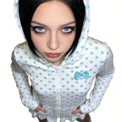 Spring/Summer hot girl sweet hem hooded sweatshirt Japanese Y2K retro hot girl Harajuku polka dot bow long sleeved sweatshirt