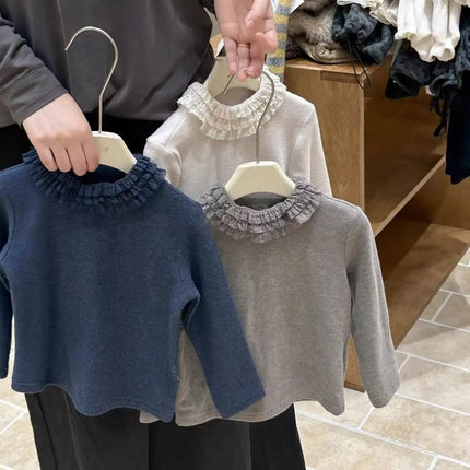 Girls' Autumn and Winter New Velvet Base Shirt 2025 New Stylish Design Solid Color Three-layer Lace Long Sleeved Top