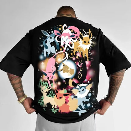 New Pokemon Anime Eeve Creative Print T-shirt, Cotton Men's and Women's New Summer Loose and Casual Harajuku Short-sleeved Top