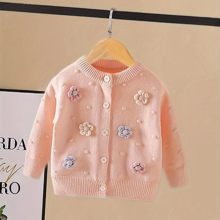 Girls' Embroidered Three-Dimensional Flower Cardigan Sweater, Baby Girl's Autumn Comfortable, Soft and Versatile Knitted Jacket