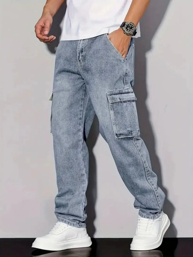 Men's American Retro Casual Cargo Jeans, Loose Fit, Solid Color, Fashion Essential