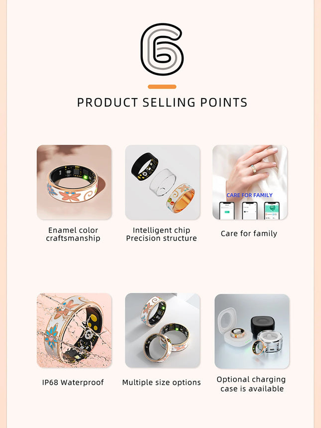 Bague intelligente artisanale en émail coloré pour femme Suivi du sommeil Mesure de l'oxygène sanguin Pression artérielle Modes multisports