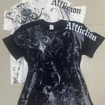 Affliction Out Of Print Short Sleeves Woman Hip Hop Black T Shirt Couple Y2K High Street Pure Cotton Tops Aesthetic Clothes