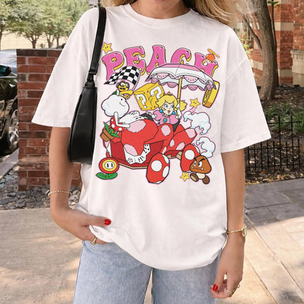 Princess Peach Super Mario Kart T-shirt Men Women Summer Cotton Y2K Clothing Cartoon High Quality Short Sleeved Tee Streetwear
