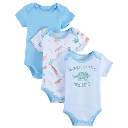 3PCS Summer Baby Bodysuit Three piece Set with Cartoon Dinosaur Pattern and Stripe Pattern Button Design for 0-9 Months Old Boys