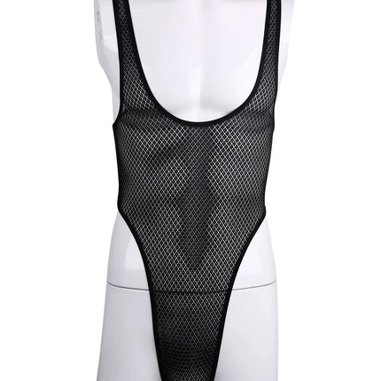 Men's One-piece High Cut G String Underwear Wrestling Singlet Leotard Sheer Bodysuit Thongs Sissy Lingerie See Through Nightwear
