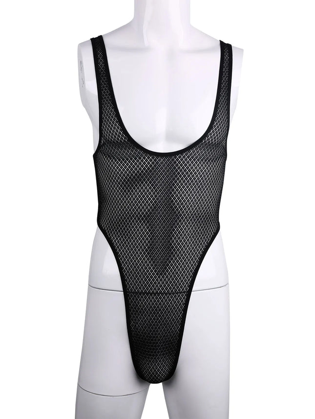 Men's Thong Bodysuit Sexy Lace Jumpsuit, Semi-Transparent Sexy Lingerie