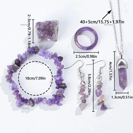 5pcs Natural Amethyst Set - Stone Bracelet, Crystal Pillar Necklace, Ring and Earrings, Healing Crystal Gemstone Accessories