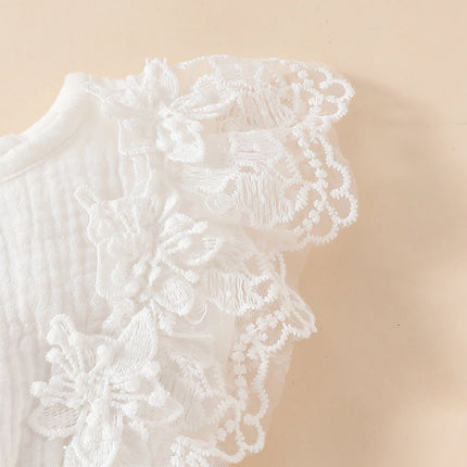 Infant Baby Girl Cotton Linen Baptism Dress with Headband Summer Birthday Party Short Sleeve Lace Flower Embroidery A-Line Dress