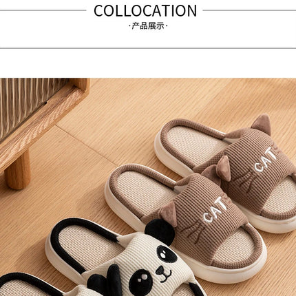 Home Slippers Panda Cat Women Summer Cute Linen Couples Indoor House Non-Slip Thick Funny Sandals Cartoon Kawaii Shoes 2025 New