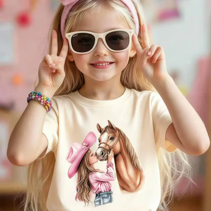 Girl Clothes Cow Girl Riding Horse 3D Print T-Shirt Western Festival Casual Top Summer Short Sleeve Outdoor Children's Clothing