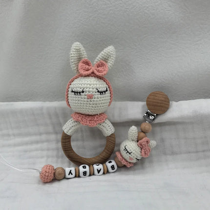 Baby Rattle Crochet Bear Teether Rattle With Bells Pacifier Chain Newborn Montessori Educational Toy Wooden Rings Baby Toys