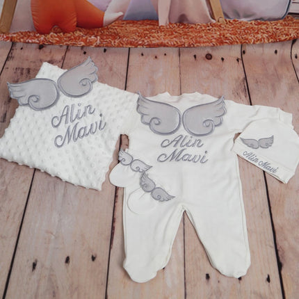 Personalized Name Baby Coming Home Outfit Angle Wing Infant Cotton Romper Onesie Blanket Pregnancy Embroidery Laurel Tree Gift