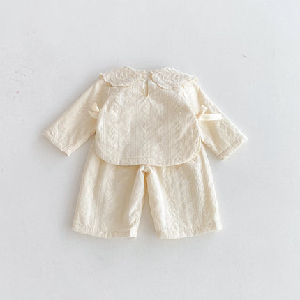 Baby girl lace collar top, wide-leg pants set, autumn girls' bow top, jacquard fabric pants two-piece set