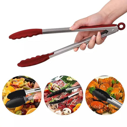 9-inch silicone food tongs Kitchen Grill stainless steel food grade silicone tip non-slip food tongs for BBQ salad breads