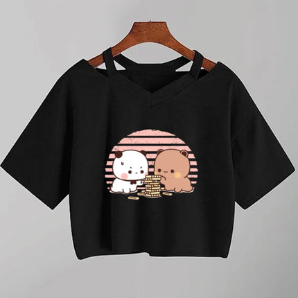 Kawaii Bubu Dudu Anime T Shirt Women Cartoon Panda Bear  Black Shirt Y2k  Aesthetic Female Crop Top