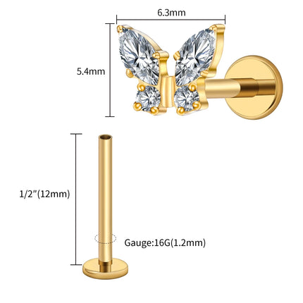 Right Grand ASTM F136 Titanium 16G Mini Butterfly CZ Labret Tragus Cartilage Conch Forward Helix Stud Nose Piercing Body Jewelry