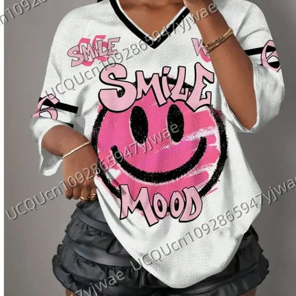 NO.66 Casual Smiling Face Letter & Numeral Print Short Sleeve Sports T-Shirt For Women Summer  Mesh T-shirt Tops